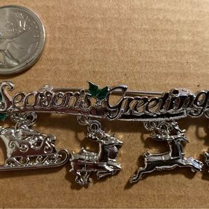 Season’s Greetings Silver Tone Christmas Brooch